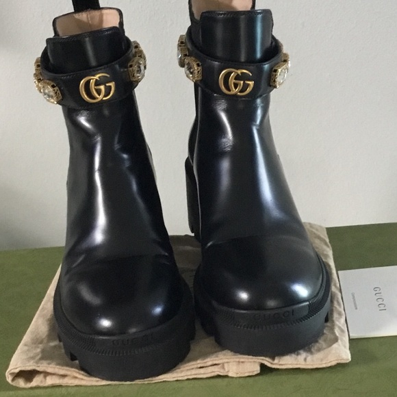 Gucci Shoes - Gucci Leather Boots with Crystal  And GG Logo Ankle Belt
